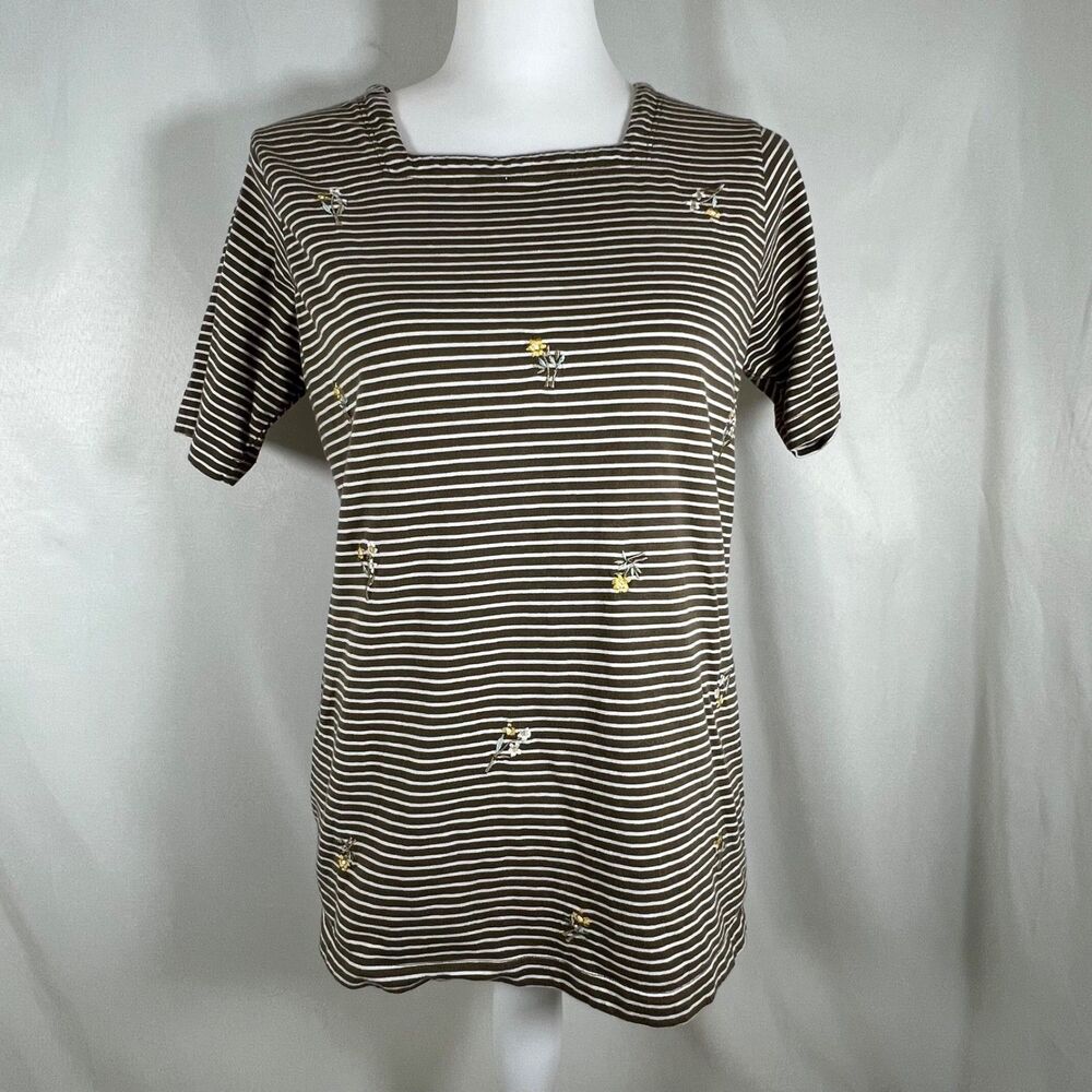 Casey & Max Brown White Striped Embroidered Floral Square Neck Top Women’s Small